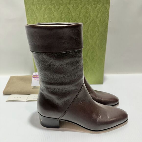 Gucci Men Boots 10/ US 10.5 Cocoa Leather Block Heel Mid Calf Pull-On NIB - Picture 4 of 12